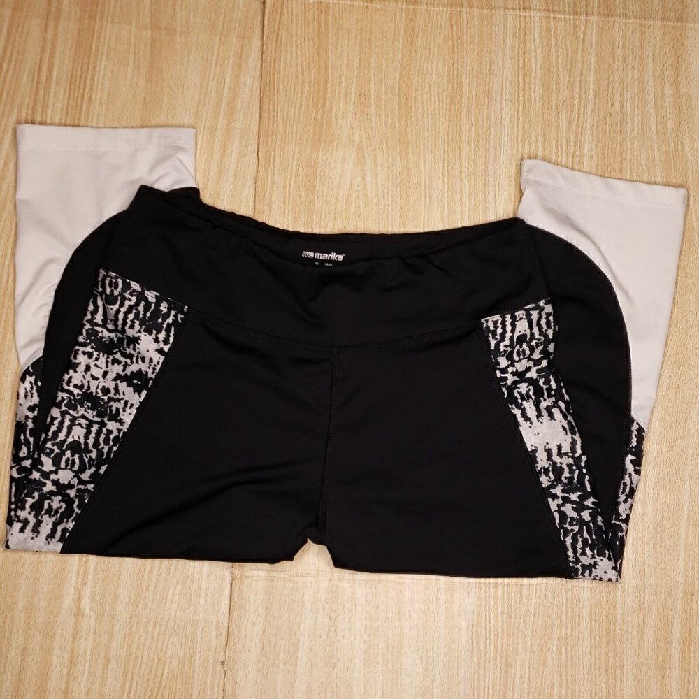Marika Womens Black White Animal Print Capri Athletic Leggings Large